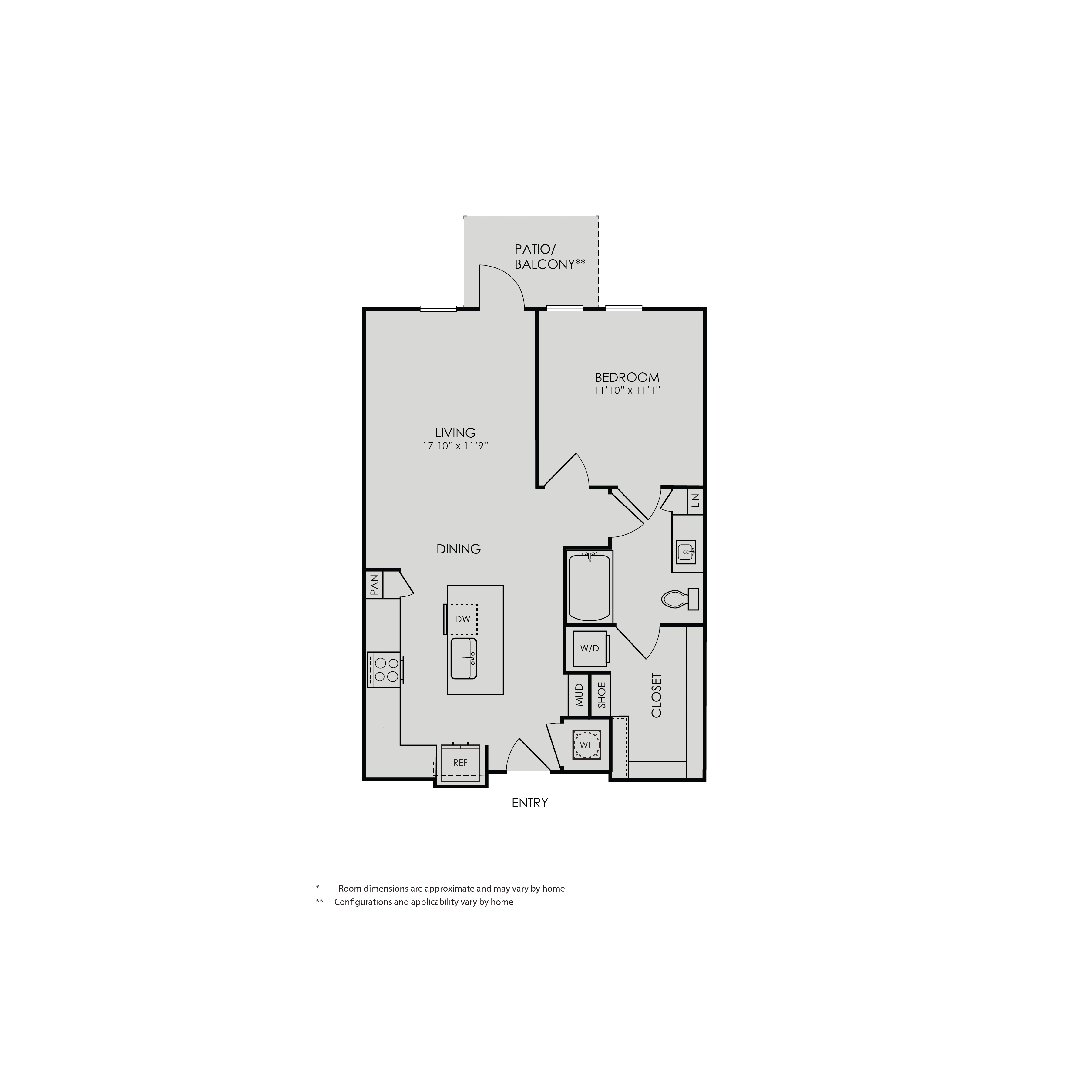 Floor plan for 1 bed, 1 bath, 790 sqft